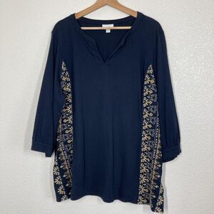 Pure Jill Blouse Womens 2X Blue Embroidered V Neck 3/4 Sleeve Tunic Jersey Top